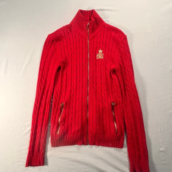 Lauren by Ralph Lauren Sweaters - Lauren Ralph Lauren Red Cable Knit Full Zip Sweater Jacket XXS Gold Logo